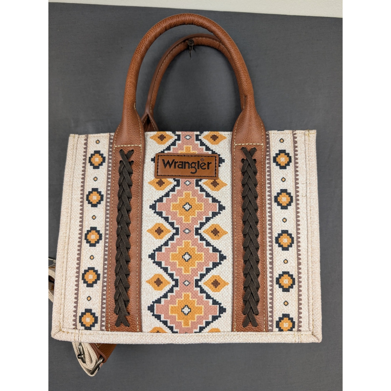 Wrangler Western Aztec Canvas Tote Bag Brown Tan Geometric Crossbody Handbag